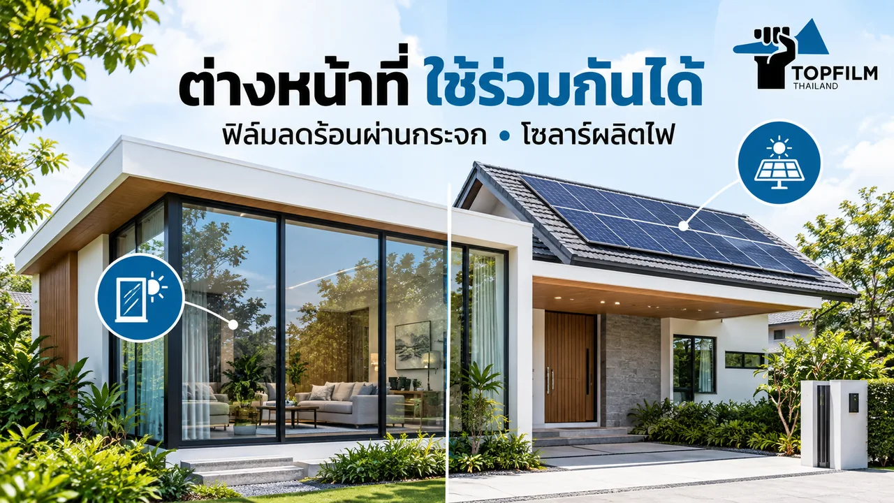 เปรียบเทียบฟิล์มลดความร้อนผ่านกระจกกับโซลาร์ผลิตไฟซึ่งใช้ร่วมกันได้ในบ้านเดียวกัน