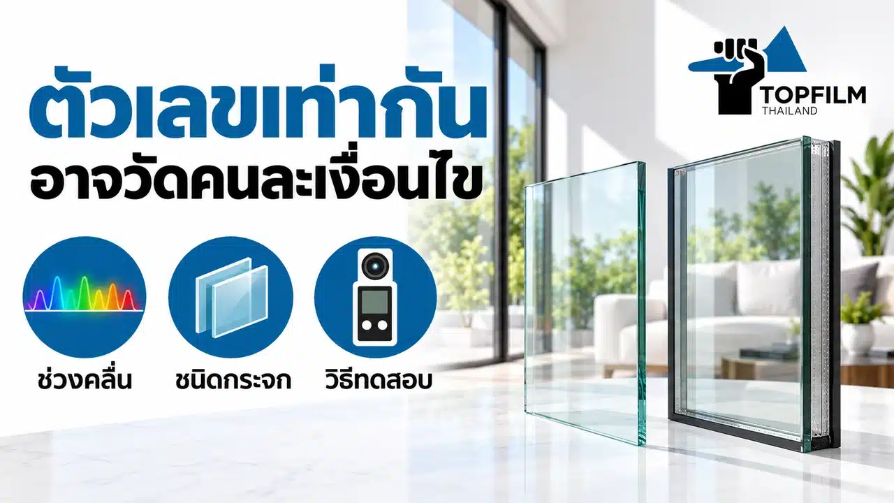 ตัวอย่างกระจกและสามเงื่อนไขที่ต้องตรวจ ได้แก่ ช่วงคลื่น ชนิดกระจก และวิธีทดสอบ