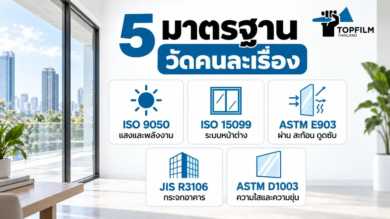 ภาพสรุป ISO 9050, ISO 15099, ASTM E903, JIS R3106 และ ASTM D1003 วัดคุณสมบัติแตกต่างกัน
