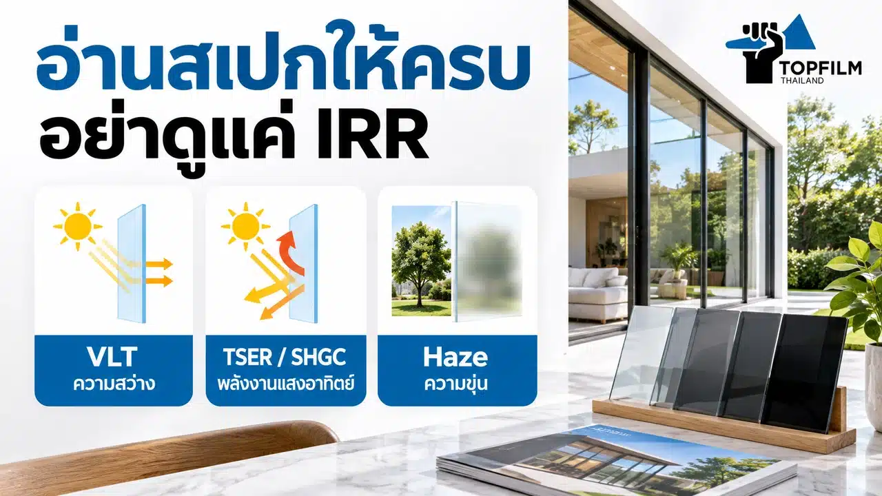 สรุป VLT สำหรับความสว่าง TSER และ SHGC สำหรับพลังงานแสงอาทิตย์ และ Haze สำหรับความขุ่น