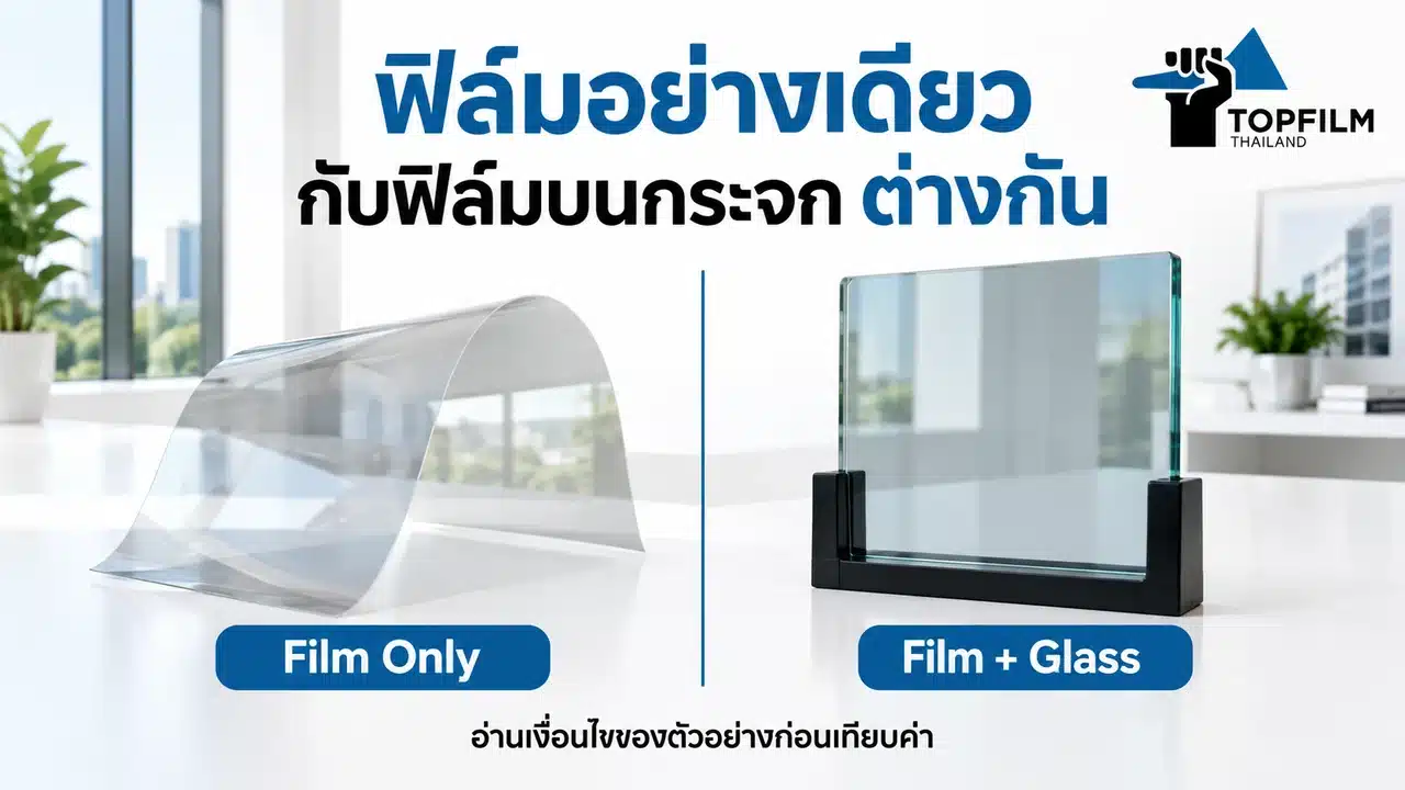 เปรียบเทียบแผ่นฟิล์มอย่างเดียวกับตัวอย่างฟิล์มติดบนกระจก เพื่ออ่านเงื่อนไขก่อนเทียบสเปก